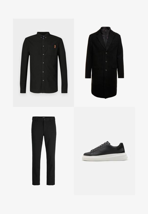 Cappotto lungo in misto lana nero dal design elegante, con uno strato interno isolato rimovibile, tre bottoni e due tasche frontali.; Camicia nera a maniche lunghe in cotone, con chiusura frontale a bottoni, tasca sul petto con dettaglio marrone chiaro e bottoni blu.; Pantaloni neri realizzati in un tessuto elegante, con un design classico, taglio dritto, chiusura frontale con bottone e tasche laterali.; Sneaker in pelle nera con suola in gomma bianca, dotato di lacci piatti e occhielli brandizzati. Texture morbida con un accento laterale a contrasto.