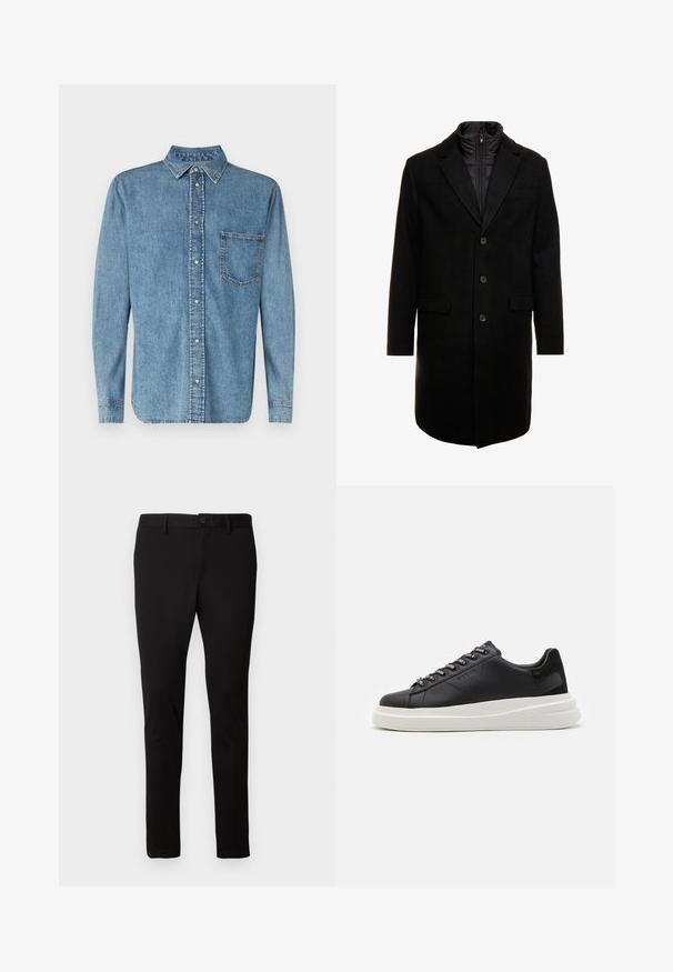 Czarny płaszcz wełniany o eleganckim fasonie, z ocieplaną wkładką na zamek, trzema guzikami i dwiema przednimi kieszeniami.; Samsøe Samsøe DAMON kamień; Czarne, dopasowane spodnie z paskiem, z zapięciem na guzik z przodu i zamkiem błyskawicznym, wyeksponowane na jednolitym jasnym tle.; Czarne skórzane trampki z białą gumową podeszwą, z płaskimi sznurowadłami i logo w oczkach. Miękka tekstura z kontrastowym akcentem bocznym.