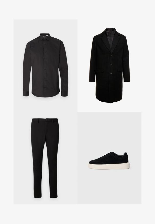 Zwarte wolblend overjas met een slank ontwerp, voorzien van een uitneembare geïsoleerde binnenlaag, drie knopen en twee voorzakken.; Zwarte longsleeve van glad katoen, met een knoopsluiting aan de voorkant, klassieke kraag en afgeronde zoom. Eenvoudig ontwerp, geen patronen.; Zwarte slim-fit broek met riemlussen, knoop aan de voorkant en ritssluiting, gepresenteerd op een effen lichte achtergrond.; Zwarte suède sneaker met een lage profiel, ronde neus en een witte rubberen zool. Voorzien van platte veters en een subtiele logo aan de zijkant.