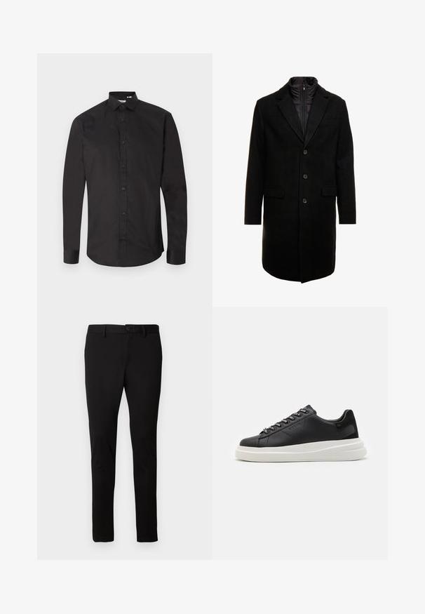 Fekete gyapjú keverékből készült overál, letisztult dizájnnal, cipzárral ellátott szigetelt belső réteggel, három gombbal és két elülső zsebből.; Fekete, hosszú ujjú ing, sima pamutból készült, gombos elülső résszel, klasszikus gallérral és ívelt szegéllyel. Egyszerű dizájn, minták nélkül.; Fekete, slim-fit nadrág övbújtatókkal, elülső gombbal és cipzárral, egyszerű világos háttéren bemutatva.; Fekete bőr sportcipő fehér gumitalppal, lapos fűzőkkel és márkázott fűzőlyukakkal. Puha tapintású, kontrasztos oldali akcentussal.