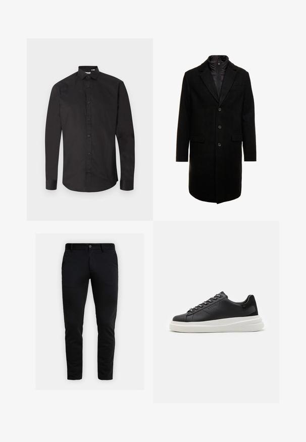 Črn volnen mešani plašč s sleek oblikovanjem, ki vključuje notranjo plast z izolacijo, tri gumbe in dva sprednja žepa.; Črna majica z dolgimi rokavi iz gladkega bombaža, z odprtim sprednjim delom na gumbe, klasičnim ovratnikom in ukrivljenim robom. Preprost dizajn brez vzorcev.; Slim-fit črne hlače z zankami za pas, sprednjim gumbom in stranskimi žepki, prikazane na svetlo sivi podlagi.; Črne usnjene teniske z belim gumijastim podplatom, ki imajo ravne vezalke in blagovno znamko na ošitih luknjah. Mehka tekstura s kontrastnim stranskim poudarkom.