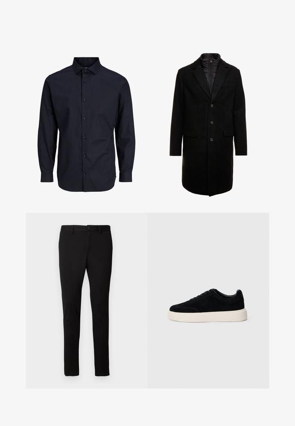 Czarny płaszcz wełniany o eleganckim fasonie, z ocieplaną wkładką na zamek, trzema guzikami i dwiema przednimi kieszeniami.; Granatowa koszula zapinana na guziki z długimi rękawami, standardowym kołnierzykiem, przodem z zapięciem, gładką fakturą i mankietami na jeden guzik.; Czarne, dopasowane spodnie z paskiem, z zapięciem na guzik z przodu i zamkiem błyskawicznym, wyeksponowane na jednolitym jasnym tle.; Czarne zamszowe sneakersy o niskim profilu, okrągłym czubku i białej gumowej podeszwie. Posiadają płaskie sznurowadła i subtelne logo po boku.