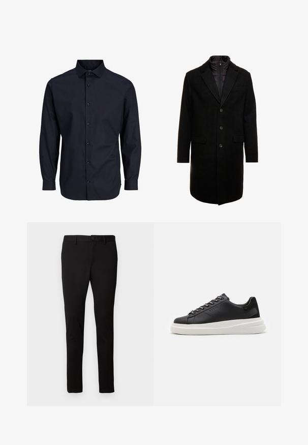 Schwarzer Wollmischung-Übermantel mit sleekem Design, ausgestattet mit einer herausnehmbaren isolierten Innenschicht, drei Knöpfen und zwei Fronttaschen.; Marineblaues Hemd mit langen Ärmeln, klassischem Kragen, Knopfleiste, glatter Textur und Ein-Knopf-Manschetten.; Schwarze Slim-Fit-Hosen mit Gürtelschlaufen, Vorderknopf und Reißverschluss, auf einem schlichten hellen Hintergrund präsentiert.; Schwarze Ledersneaker mit einer weißen Gummisohle, ausgestattet mit flachen Schnürsenkeln und markierten Ösen. Weiche Textur mit einem kontrastierenden Seitenakzent.
