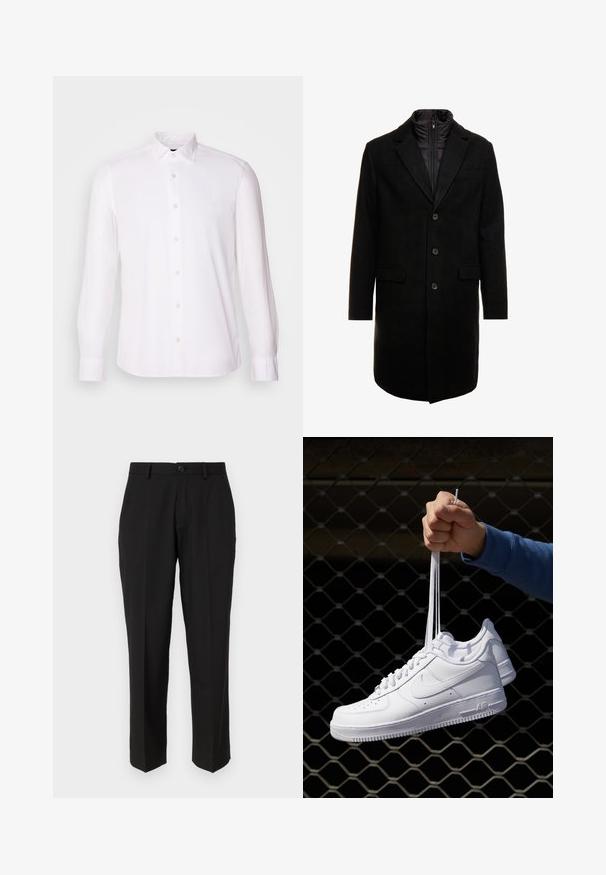 Cappotto lungo in misto lana nero dal design elegante, con uno strato interno isolato rimovibile, tre bottoni e due tasche frontali.; Camicia bianca a maniche lunghe realizzata in tessuto morbido con colletto button-down, caratterizzata da un logo discreto e polsini con un solo bottone.; Pantaloni neri in tessuto liscio, con un design a gamba dritta, tasche frontali, chiusura con un singolo bottone e senza motivi visibili.; Sneakers in pelle bianca con perforazioni, punta rotonda, suola piatta e lacci spessi, con logo swoosh visibile e "AIR" sul tallone.