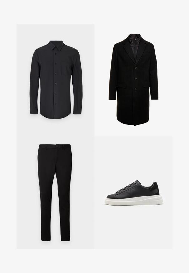 Svart ullblandingsfrakk med et elegant design, som har et avtagbart isolert innerlag, tre knapper og to frontlommer.; Svart langermet skjorte i et glatt stoff med klassisk krage, knappelukking og brystlomme på venstre side.; Sorte slim-fit bukser med bæltesløjfer, foran knap og lynlås lukning, præsenteret på en ensfarvet lys baggrund.; Svart lær sneakers med hvit gummisåle, med flate lisser og merkede lissehull. Myk tekstur med en kontrasterende sideaccent.