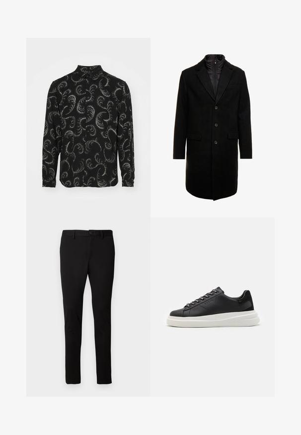 Čierny vlnený mixový kabát s elegantným dizajnom, ktorý má zasúvateľnú izolovanú vnútornú vrstvu, tri gombíky a dve predné vrecká.; Čierna košeľa na gombíky s bielymi vírivými paisley vzormi, dlhými rukávmi a klasickým golierom, vyrobená z ľahkej tkaniny.; Čierne slim-fit nohavice s pútkami na opasok, predným gombíkom a zipsovým zapínaním, vystavené na jednoduchom svetlom pozadí.; Čierne kožené tenisky s bielou gumovou podrážkou, s plochými šnúrkami a brandovanými očkami. Mäkká textúra s kontrastným bočným akcentom.