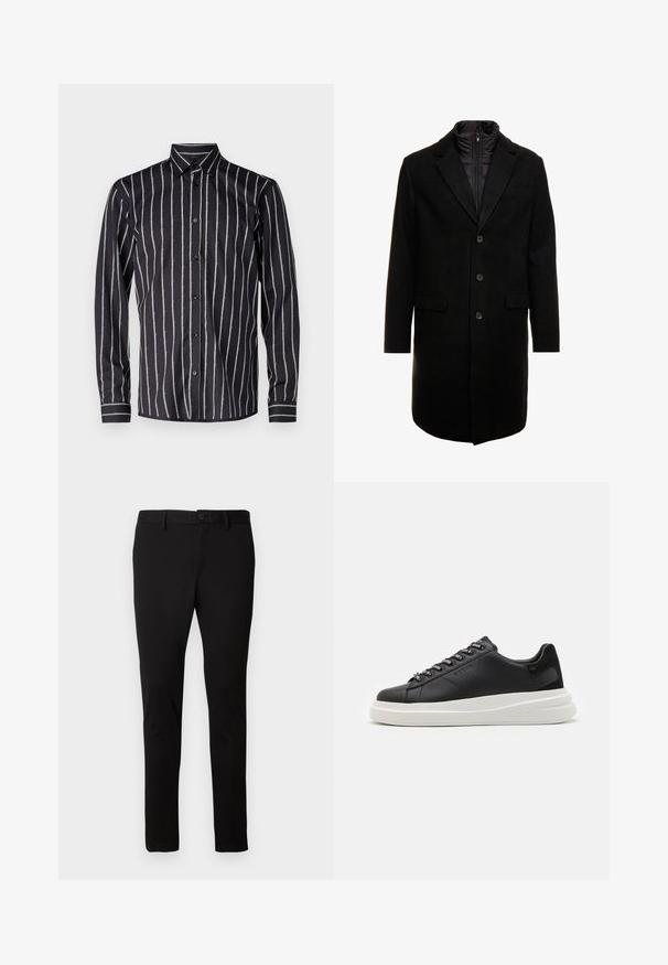Mustan villasekoitteinen päällystakki, jossa on tyylikäs muotoilu, vuorattu irrotettavalla lämpökerroksella, kolme nappia ja kaksi etulokeroa.; Bruuns Bazaar VANIGILLY SHIRT - Vapaa-ajan kauluspaita - black; Musta slim-fit-housut, joissa on vyölenkit, etupainike ja vetskari, esillä vaalealla yksinkertaisella taustalla.; Musta nahkakengät valkoisella kumipohjalla, joissa on tasaiset nauhat ja brändätyt rei'itykset. Pehmeä pinta, jossa on erottuva sivusärmä.