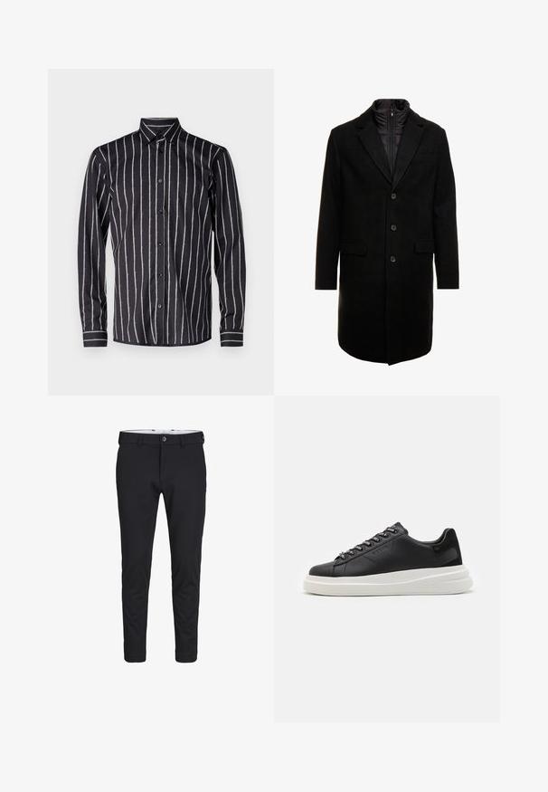 Svart ullblandingsfrakk med et elegant design, som har et avtagbart isolert innerlag, tre knapper og to frontlommer.; Bruuns Bazaar VANIGILLY SHIRT - Button down-skjorte - black; Svarte bukser laget av et glatt, elastisk stoff. De har en smal passform, knappelukking og sidelommer.; Svart lær sneakers med hvit gummisåle, med flate lisser og merkede lissehull. Myk tekstur med en kontrasterende sideaccent.