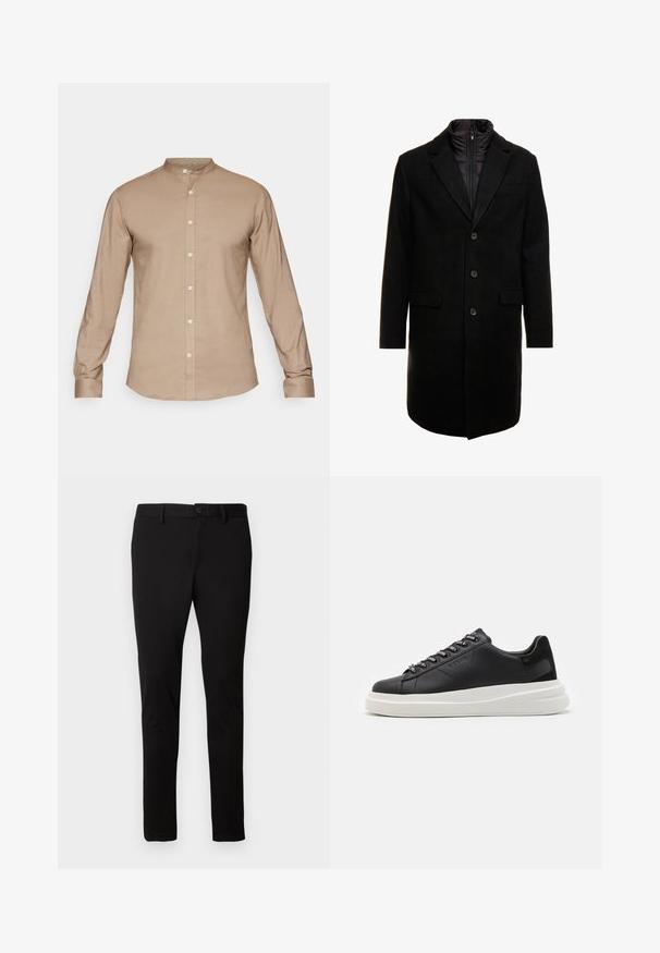 Juodas vilnos mišinio viršutinis paltas su elegantišku dizainu, turintis įsitraukiančią izoliuotą vidinę dalį, tris mygtukus ir dvi priekinės kišenes.; Bežinis marškinėliai su ilgomis rankovėmis, mygtukų uždarymu priekyje ir švelnia tekstūra. Turi subtilų blizgesį, standartinius rankogalius ir jokios raštos.; Juodi siauri kelnės su dirželių kilpomis, priekyje esančiu mygtuku ir užtrauktuku, rodomos ant vientiso šviesaus fono.; Juodos odinės sportbačiai su balta guma padanga, su plokščiomis raiščiais ir firminiais skylutėmis. Minkšta tekstūra su kontrastingu šonu akcentu.
