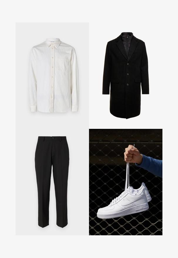 Svart ullblandad ytterrock med en stilren design, med ett zip-in isolerat innerlager, tre knappar och två framfickor.; Långärmad vit skjorta i strukturerad tyg med knapp-down krage, bröstficka och knäppningar längs placket och ärmslut.; Svarta byxor i slät tygkvalitet, med rak bendesign, framfickor, en enkel knappstängning och utan synliga mönster.; Vita lädersneakers med perforeringar, rund tå, platt sula och tjocka snörning, med en synlig swoosh-logga och "AIR" på hälen.