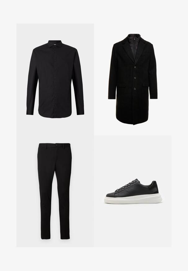 Juodas vilnos mišinio viršutinis paltas su elegantišku dizainu, turintis įsitraukiančią izoliuotą vidinę dalį, tris mygtukus ir dvi priekinės kišenes.; Juodas ilgo rankovės marškinis, pagamintas iš audinio, su mygtukų užtrauktuku, apykakle ir klasikinio kirpimo. Sklandus tekstūra ir minimalistinis dizainas.; Juodi siauri kelnės su dirželių kilpomis, priekyje esančiu mygtuku ir užtrauktuku, rodomos ant vientiso šviesaus fono.; Juodos odinės sportbačiai su balta guma padanga, su plokščiomis raiščiais ir firminiais skylutėmis. Minkšta tekstūra su kontrastingu šonu akcentu.