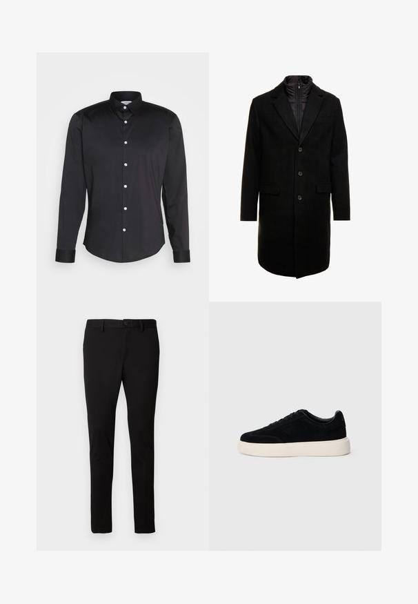 Zwarte wolblend overjas met een slank ontwerp, voorzien van een uitneembare geïsoleerde binnenlaag, drie knopen en twee voorzakken.; Zwarte lang-sleeve shirt van gladde stof, met een puntige kraag, sluiting met knopen aan de voorkant met witte knopen, en manchetten met één knoop.; Zwarte slim-fit broek met riemlussen, knoop aan de voorkant en ritssluiting, gepresenteerd op een effen lichte achtergrond.; Zwarte suède sneaker met een lage profiel, ronde neus en een witte rubberen zool. Voorzien van platte veters en een subtiele logo aan de zijkant.