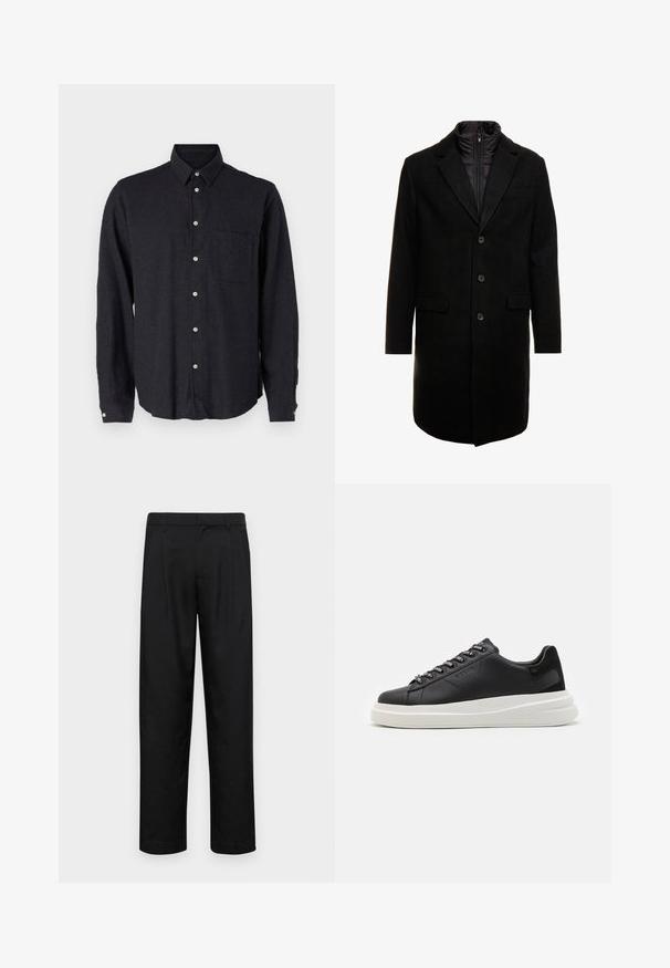 Schwarzer Wollmischung-Übermantel mit sleekem Design, ausgestattet mit einer herausnehmbaren isolierten Innenschicht, drei Knöpfen und zwei Fronttaschen.; Dunkelgraues Langarmhemd aus strukturiertem Stoff. Hat einen Button-Down-Kragen, eine Brusttasche und eine Knopfverschluss mit silbernen Knöpfen.; Schwarze Hose aus glattem Stoff, mit geradem Bein Design, zwei vorderen Falten und einem Standardbund mit Gürtelschlaufen.; Schwarze Ledersneaker mit einer weißen Gummisohle, ausgestattet mit flachen Schnürsenkeln und markierten Ösen. Weiche Textur mit einem kontrastierenden Seitenakzent.