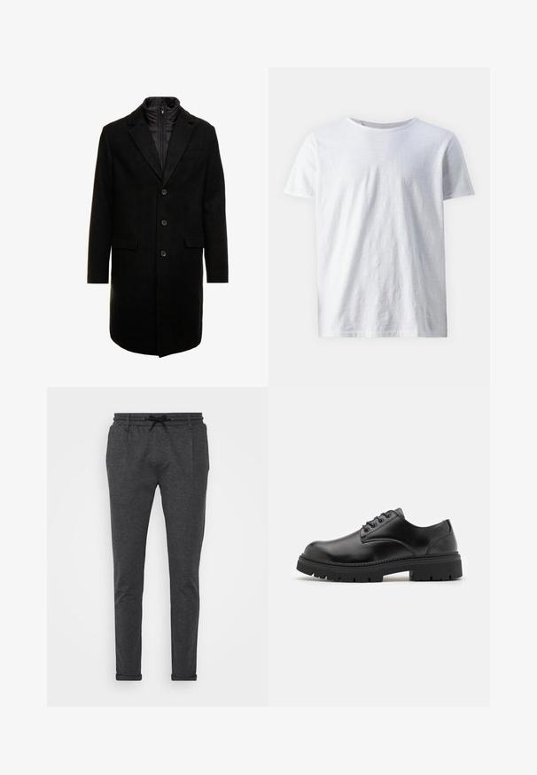 Czarny płaszcz wełniany o eleganckim fasonie, z ocieplaną wkładką na zamek, trzema guzikami i dwiema przednimi kieszeniami.; Biała koszulka z krótkim rękawem wykonana z lekkiego materiału. Okrągły dekolt o gładkiej fakturze, bez widocznych wzorów czy akcentów.; Szare zwężane spodnie wykonane z miękkiego materiału, z elastycznym pasem na sznurek, bocznymi kieszeniami i podwiniętymi mankietami, idealne na codzienną stylizację.; Czarne skórzane buty z zaokrąglonym czubkiem, na sznurówki, z grubą, teksturowaną gumową podeszwą. Cecha to przeszycia wzdłuż krawędzi oraz gładkie wykończenie.
