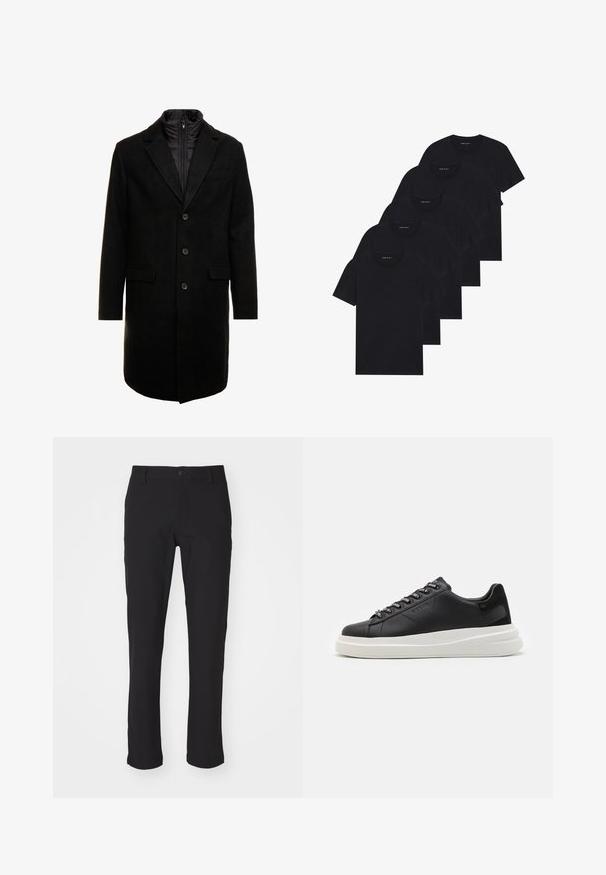 Crni kaput od vune s mješavinom, elegantnog dizajna, s odvojivim izoliranim unutarnjim slojem, tri gumba i dva prednja džepa.; Pak od pet crnih majica s okruglim izrezom. Kratki rukavi, pamuk, standardni kroj. Glatka tekstura bez vidljivih uzoraka ili ukrasa.; Crne hlače od glatkog materijala, s kopčanjem na gumb, uskim ravnim krojem i bez vidljivih uzoraka ili naglašenih detalja.; Crne kožne tenisice s bijelim gumenim potplatima, s ravnim vezicama i brendiranim rupama za vezanje. Mekana tekstura s kontrastnim bočnim naglaskom.