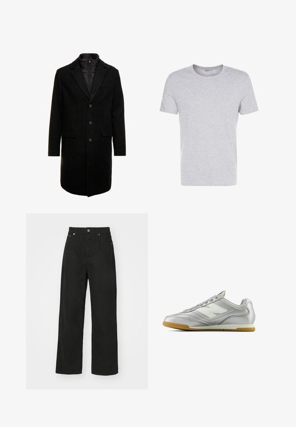 Fekete gyapjú keverékből készült overál, letisztult dizájnnal, cipzárral ellátott szigetelt belső réteggel, három gombbal és két elülső zsebből.; Szürke pamut póló kerek nyakkivágással, rövid ujjakkal és sima dizájnnal, puha, sima textúrával, látható minták vagy díszítések nélkül.; Fekete farmernadrág egyenes lábbal, öt zsebbel, gombos záródással és klasszikus derékkal. Sima textúra.; Ezüst sportcipő sima, fényes felülettel, fehér logóval az oldalon, texturált szürke fűzőkkel és rágógumi talppal.