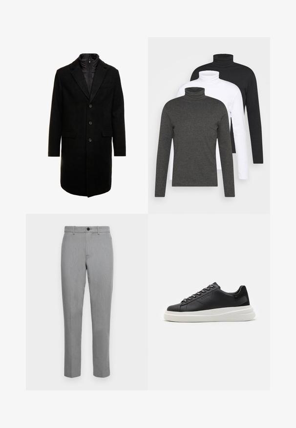 Crni kaput od vune s mješavinom, elegantnog dizajna, s odvojivim izoliranim unutarnjim slojem, tri gumba i dva prednja džepa.; Tri dugulja s dugim rukavima u tamno sivoj, bijeloj i crnoj boji. Izrađene su od mekog materijala s rebrastim dizajnom ovratnika i pripijenim rukavima.; Sive klasične hlače s glatkom teksturom, prednjim kopčanjem na dugme i ravnim nogavicama. Jednostavan dizajn bez uzoraka ili ukrasa.; Crne kožne tenisice s bijelim gumenim potplatima, s ravnim vezicama i brendiranim rupama za vezanje. Mekana tekstura s kontrastnim bočnim naglaskom.