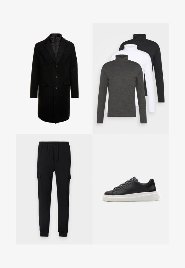 Cappotto lungo in misto lana nero dal design elegante, con uno strato interno isolato rimovibile, tre bottoni e due tasche frontali.; Tre maglioni a maniche lunghe con collo alto in grigio scuro, bianco e nero. Realizzati in tessuto morbido con design a coste del collo e maniche aderenti.; Pantaloni della tuta neri con polsini elastici, vita con coulisse e tasche cargo laterali. Tessuto liscio senza motivi o elementi visibili.; Sneaker in pelle nera con suola in gomma bianca, dotato di lacci piatti e occhielli brandizzati. Texture morbida con un accento laterale a contrasto.