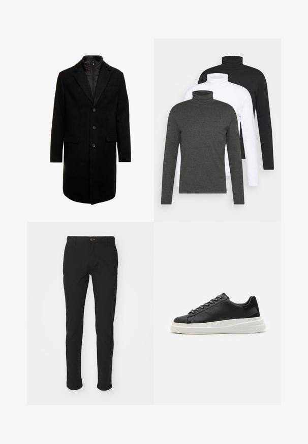 Abrigo de lana negro con un diseño elegante, que cuenta con una capa interna aislante desmontable, tres botones y dos bolsillos frontales.; Tres camisetas de cuello alto de manga larga en gris oscuro, blanco y negro. Están hechas de una tela suave con un diseño de cuello alto acanalado y mangas ajustadas.; Chinos negros hechos de una mezcla de algodón, diseño ajustado, con cierre de botón marrón, dos bolsillos laterales y dobladillos con puños.; Zapatilla de cuero negra con suela de goma blanca, con cordones planos y ojales de marca. Textura suave con un acento lateral contrastante.