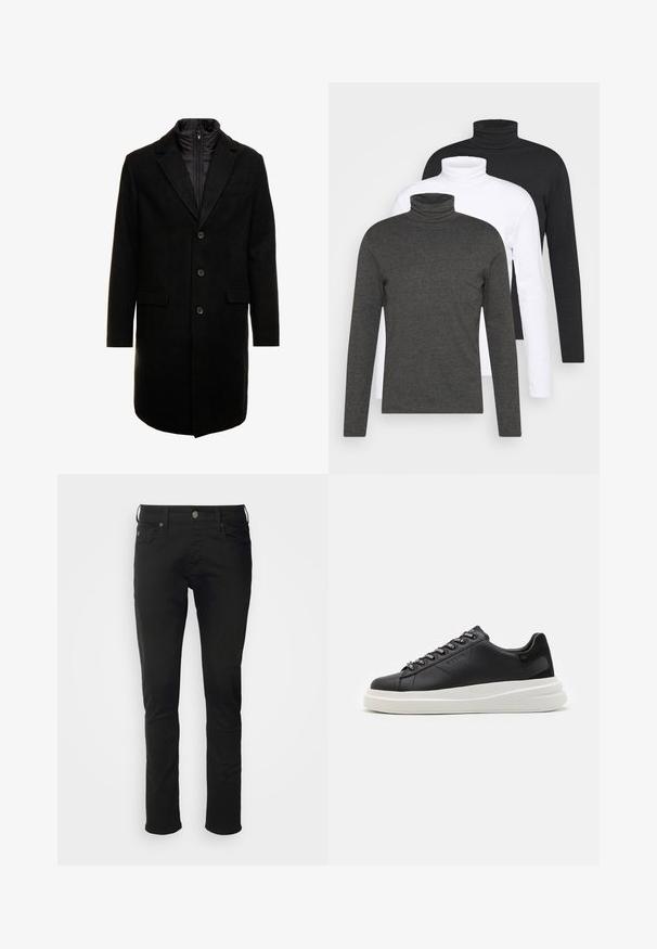 Pardessus preto em mistura de lã com um design elegante, apresentando uma camada interna isolada que pode ser colocada, três botões e dois bolsos frontais.; Três camisolas de gola alta de manga longa em cinza escuro, branco e preto. Feitas de um tecido macio com um design de gola canelada e mangas ajustadas.; Jeans de algodão pretos com corte straight-leg, apresentando um fecho frontal com botão, passantes para cinto e bolsos standard com uma textura suave.; Sapatilha preta em pele com sola de borracha branca, apresentando atacadores planos e ilhós com marca. Textura suave com um detalhe lateral em contraste.