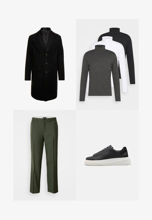 Crni kaput od vune s mješavinom, elegantnog dizajna, s odvojivim izoliranim unutarnjim slojem, tri gumba i dva prednja džepa.; Tri dugulja s dugim rukavima u tamno sivoj, bijeloj i crnoj boji. Izrađene su od mekog materijala s rebrastim dizajnom ovratnika i pripijenim rukavima.; Maslinasto zelene krojene hlače od glatkog materijala, s jednim dugmetom, petljama za remen i prednjim plićama za strukturu.; Crne kožne tenisice s bijelim gumenim potplatima, s ravnim vezicama i brendiranim rupama za vezanje. Mekana tekstura s kontrastnim bočnim naglaskom.