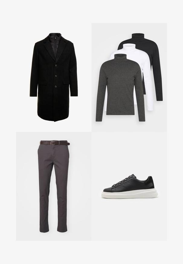 Must värviline villasegu mantlit, millel on sujuv disain, varustatud lülitatava isoleeritud sisemise kihiga, kolme nupukese ja kahe eesmine taskuga.; Kolm pikakäist pusa tumedates hallides, valgetes ja mustades toonides. Valmistatud pehmest kangast, millel on soonikkoes kaelus ja sobitatud varrukad.; Halli puuvillased püksid, kitsas lõige, pruuni nahkvööga ja standardsete taskutega, mõeldud juhusliku välimuse jaoks.; Mustmustest musta nahkistsneaker, millel on valge kummist tald, sirged paelad ja bränditud silmad. Pehme tekstuur kontrastse küljeaktsendiga.