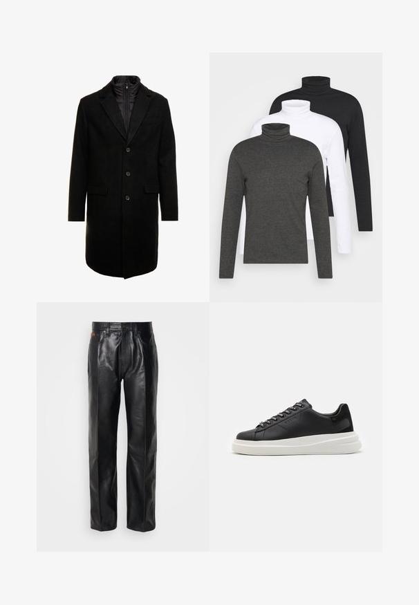 Melna vilnas maisījuma virsjakas ar elegantu dizainu, kurā ir iešūta izolēta iekšējā kārta, trīs pogas un divas priekšējās kabatas.; Trīs garas piedurknes ar augsto apkakli tumši pelēkā, baltā un melnā krāsā. Izgatavotas no mīksta auduma ar ribotu augsto apkakli un pieguļošām piedurknēm.; Melnas ādas bikses ar taisnā kāju dizainu. Raksturīgas ar pogu aizdari un priekšējām kabatām, izceļot gludu tekstūru un minimālu šuvju skaitu.; Melnas ādas sporta kurpes ar baltu gumijas zoli, kurām ir plakanas saites un zīmola acs. Mīksta tekstūra ar kontrastējošu sānu akcentu.