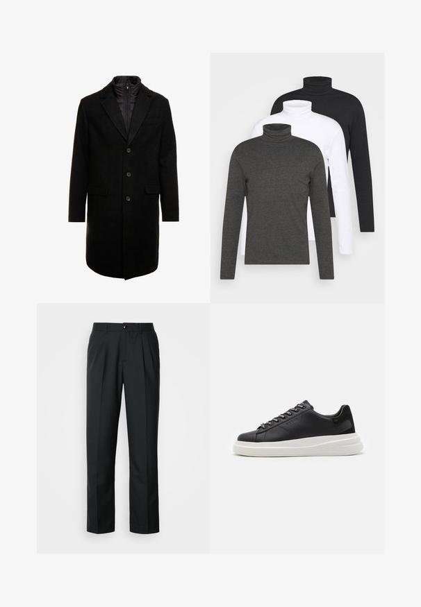 Must värviline villasegu mantlit, millel on sujuv disain, varustatud lülitatava isoleeritud sisemise kihiga, kolme nupukese ja kahe eesmine taskuga.; Kolm pikakäist pusa tumedates hallides, valgetes ja mustades toonides. Valmistatud pehmest kangast, millel on soonikkoes kaelus ja sobitatud varrukad.; Mustmustri armastusteks mustad pliiatsipüksid siledast kangast, sirge lõikega ning ühe esiknöpiga ees. Omab klassikalist, kohandatud disaini.; Mustmustest musta nahkistsneaker, millel on valge kummist tald, sirged paelad ja bränditud silmad. Pehme tekstuur kontrastse küljeaktsendiga.