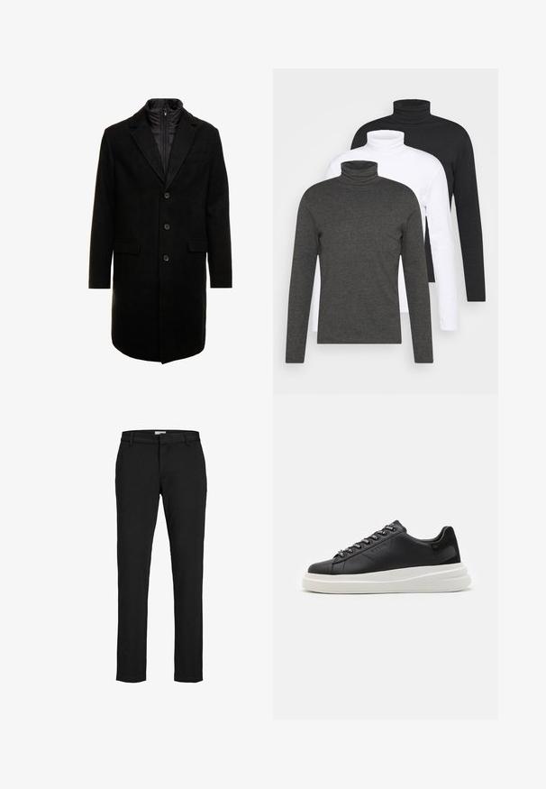 Cappotto lungo in misto lana nero dal design elegante, con uno strato interno isolato rimovibile, tre bottoni e due tasche frontali.; Tre maglioni a maniche lunghe con collo alto in grigio scuro, bianco e nero. Realizzati in tessuto morbido con design a coste del collo e maniche aderenti.; Pantaloni neri realizzati in tessuto morbido, con un taglio dritto, tasche laterali, passanti per la cintura e orlo pulito. Nessun motivo o dettaglio visibile.; Sneaker in pelle nera con suola in gomma bianca, dotato di lacci piatti e occhielli brandizzati. Texture morbida con un accento laterale a contrasto.