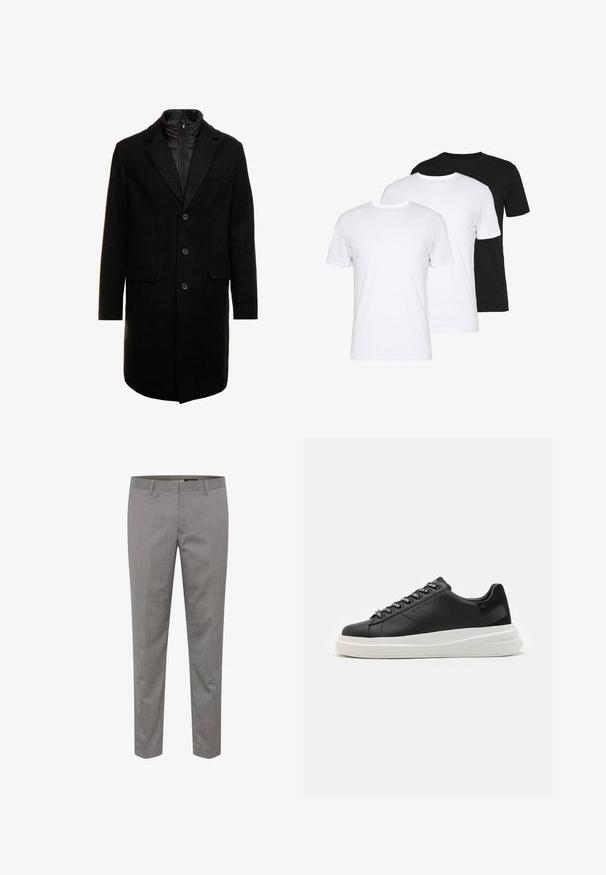Juodas vilnos mišinio viršutinis paltas su elegantišku dizainu, turintis įsitraukiančią izoliuotą vidinę dalį, tris mygtukus ir dvi priekinės kišenes.; Trijų marškinėlių rinkinys: vieni juodi ir du balti. Kiekvieni turi apvalią iškirptę, trumpas rankoves ir pagaminti iš lygaus medvilninio audinio.; Šviesiai pilkos pritaikytos kelnės su subtiliu smulkia juostele, su plokščiu priekiu, tiesiomis kojomis ir diržo kilpomis. Pagamintos iš audinio.; Juodos odinės sportbačiai su balta guma padanga, su plokščiomis raiščiais ir firminiais skylutėmis. Minkšta tekstūra su kontrastingu šonu akcentu.