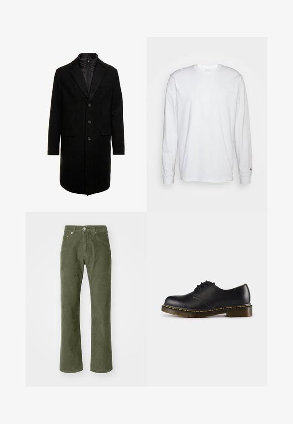 Crni kaput od vune s mješavinom, elegantnog dizajna, s odvojivim izoliranim unutarnjim slojem, tri gumba i dva prednja džepa.; Bijela dugopruga majica s dugim rukavima od pamuka. Dizajn s okruglim izrezom, rebrastim manžetama i malim logotipom na lijevom rukavu. Glatka tekstura.; Maslinasto zelene ženske duge hlače od corduroy materijala, ravnog kroja, sa zatvaranjem na munje i dugme, te dva prednja džepa. Mekana tekstura i izdržljivi materijal.; Crna kožna cipela s zaobljenim prstom, dizajnom na vezivanje, žutim šavovima duž pete i debelim, teksturiranim gumiranim đonom.