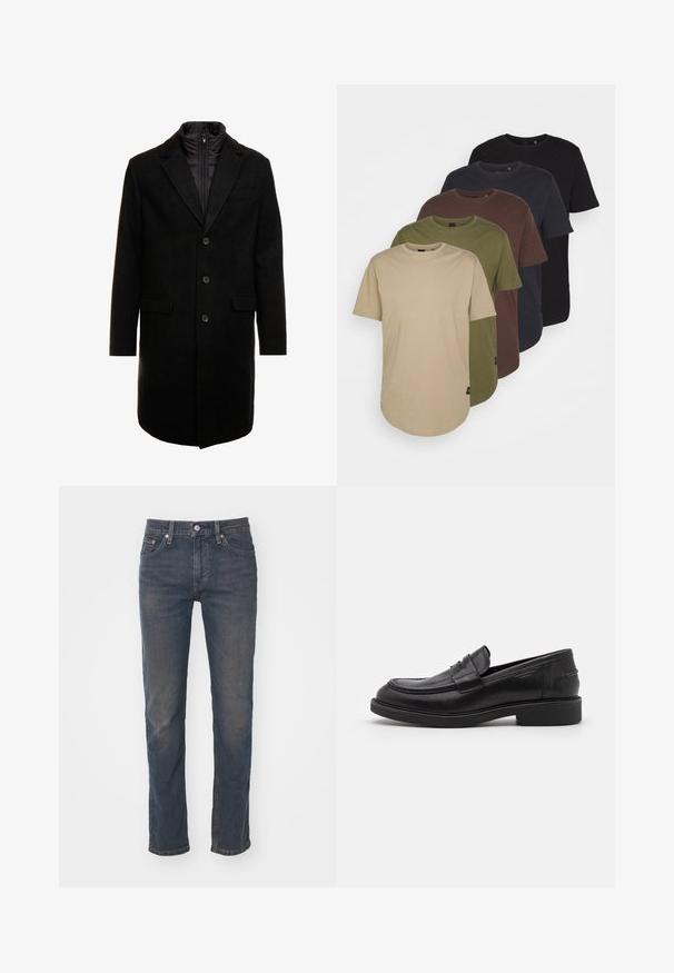 Crni kaput od vune s mješavinom, elegantnog dizajna, s odvojivim izoliranim unutarnjim slojem, tri gumba i dva prednja džepa.; Pet majica raspoređenih u gradijentnim bojama: bež, maslinasta, smeđa, tamnoplava i crna. Izrađene od mekog pamuka, kratkih rukava i okruglog izreza.; Tamno plavi traperice s ravnim krojem, sa petljama za pojas, jednim gumbom za zatvaranje i suptilnom izblijedjelom teksturom.; Crne kožne mokasine sa zaobljenim vrhom, toniranim šivima i detaljem trake na prednjem dijelu. Gumeni đon s niskom petom.