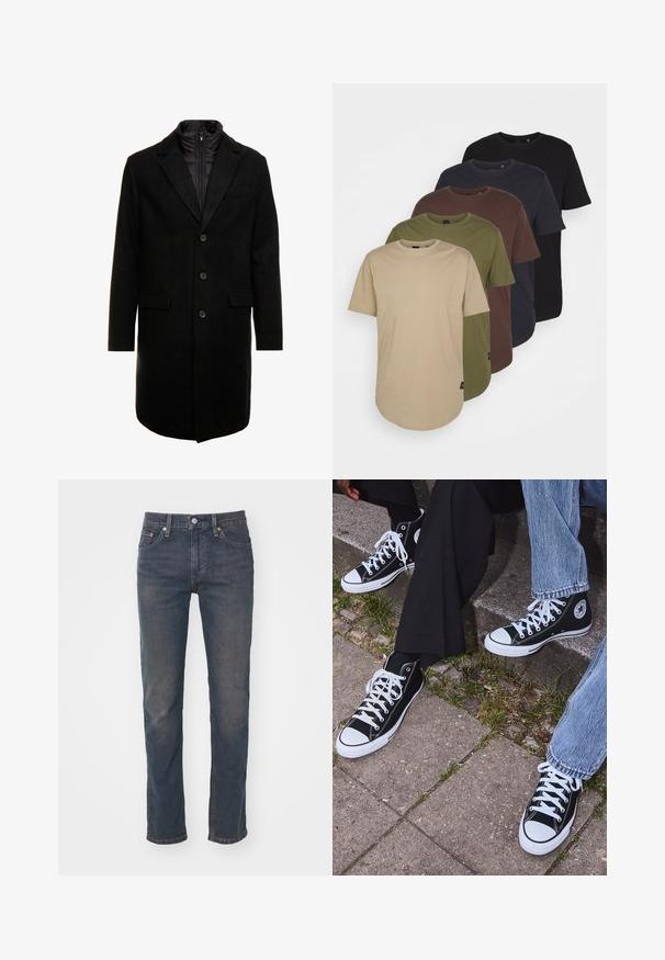 Abrigo de lana negro con un diseño elegante, que cuenta con una capa interna aislante desmontable, tres botones y dos bolsillos frontales.; Cinco camisetas dispuestas en colores degradados: beige, oliva, marrón, azul oscuro y negro. Hechas de suave algodón, con mangas cortas y cuello redondo.; Vaqueros de mezclilla azul oscuro con un diseño de pierna recta, que cuentan con trabillas para cinturón, un botón de cierre simple y una textura sutilmente desvanecida.; Zapatillas de lona negras de caña alta con suelas y cordones de goma blanca, con un logo circular en el lado, combinadas con unos pantalones de mezclilla y negros.