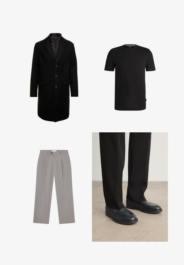 Palton dintr-un amestec de lână negru, cu un design elegant, având un strat interior izolat care se poate atașa cu fermoar, trei butoane și două buzunare frontale.; Tricou negru cu mânecă scurtă, fabricat din bumbac fin, cu decolteu rotund. Prezintă o etichetă subtilă a brandului pe partea stângă, aproape de tiv.; Pantaloni gri cu un design drept, realizați dintr-un material neted. Conțin o pliu frontal, închidere cu un singur nasture și urechi pentru curea.; Calvin Klein Pantofi slip-on - black