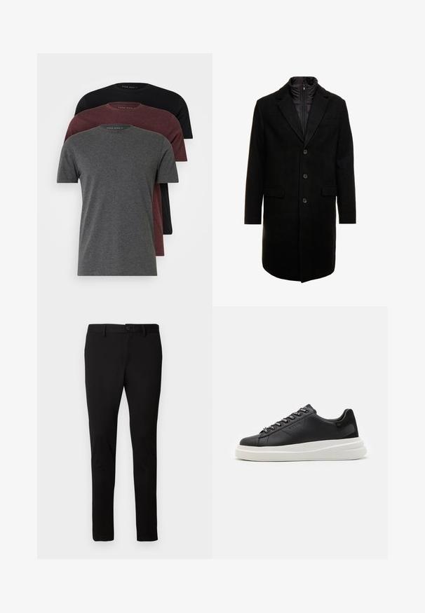 Black wool blend overcoat with a sleek design, featuring a zip-in insulated inner layer, three buttons, and two front pockets.; Three short-sleeve t-shirts in dark gray, burgundy, and black. Made from soft cotton, featuring a crew neck and a relaxed fit.; Black slim-fit trousers with belt loops, front button, and zipper closure, displayed on a plain light background.; Black leather sneaker with a white rubber sole, featuring flat laces and branded eyelets. Soft texture with a contrasting side accent.