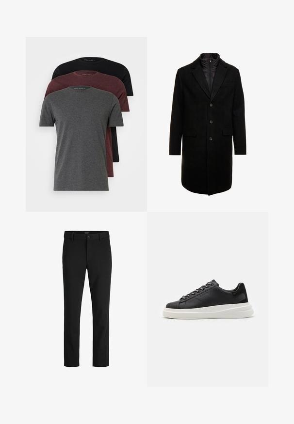 Palton dintr-un amestec de lână negru, cu un design elegant, având un strat interior izolat care se poate atașa cu fermoar, trei butoane și două buzunare frontale.; Trei tricouri cu mânecă scurtă în gri închis, burgund și negru. Realizate din bumbac moale, cu decolteu tip crew și o croială lejeră.; Pantaloni negri dintr-un material sleek, cu un design clasic, croială dreaptă, închidere frontală cu nasture și buzunare laterale.; Sneaker din piele neagră cu o talpă din cauciuc alb, cu șireturi plate și eyelets marcate. Textură moale cu un accent lateral contrastant.
