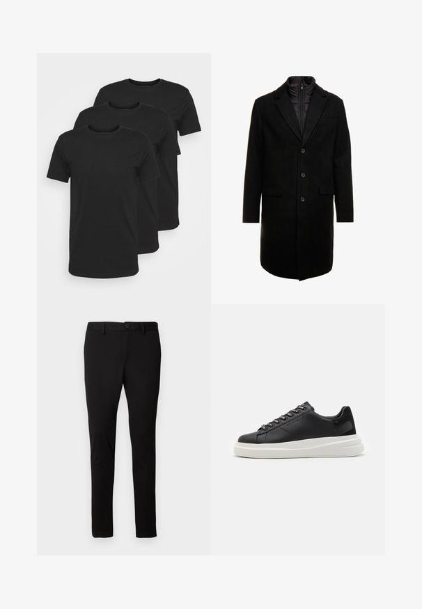 Palton dintr-un amestec de lână negru, cu un design elegant, având un strat interior izolat care se poate atașa cu fermoar, trei butoane și două buzunare frontale.; Trei tricouri negre din bumbac, cu mâneci scurte, gât rotund, textură netedă, fără modele vizibile, stivuite vertical pe un fundal alb.; Pantaloni negri, slim-fit, cu bucle pentru curea, închidere prin buton frontal și fermoar, expuși pe un fundal deschis simplu.; Sneaker din piele neagră cu o talpă din cauciuc alb, cu șireturi plate și eyelets marcate. Textură moale cu un accent lateral contrastant.