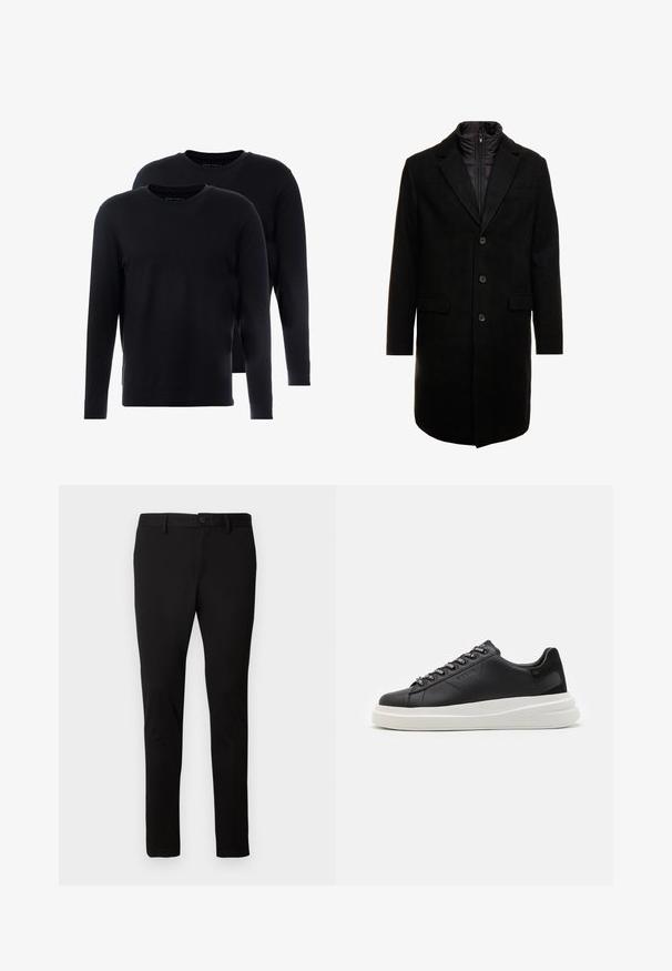 Schwarzer Wollmischung-Übermantel mit sleekem Design, ausgestattet mit einer herausnehmbaren isolierten Innenschicht, drei Knöpfen und zwei Fronttaschen.; Schwarze Langarm-T-Shirts aus weicher Baumwolle. Rundhalsausschnitt, minimalistisches Design und normale Passform. Zwei T-Shirts in einer Packung.; Schwarze Slim-Fit-Hosen mit Gürtelschlaufen, Vorderknopf und Reißverschluss, auf einem schlichten hellen Hintergrund präsentiert.; Schwarze Ledersneaker mit einer weißen Gummisohle, ausgestattet mit flachen Schnürsenkeln und markierten Ösen. Weiche Textur mit einem kontrastierenden Seitenakzent.