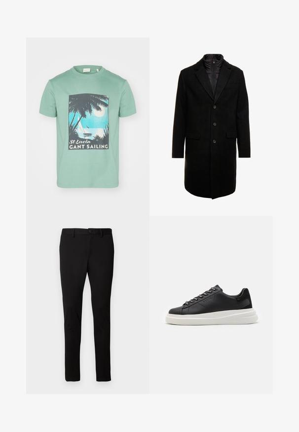 Melna vilnas maisījuma virsjakas ar elegantu dizainu, kurā ir iešūta izolēta iekšējā kārta, trīs pogas un divas priekšējās kabatas.; Minti zaļa kokvilnas t-krekls ar grafisku apdrukājumu, kurā attēlotas palmas, mēness un kuģīši, ar uzrakstu "St Lucia GANT Sailing."; Melni pieguļoši bikses ar jostu cilpām, priekšējo pogu un rāvējslēdzēju, izstādītas uz vienkārša gaiša fona.; Melnas ādas sporta kurpes ar baltu gumijas zoli, kurām ir plakanas saites un zīmola acs. Mīksta tekstūra ar kontrastējošu sānu akcentu.