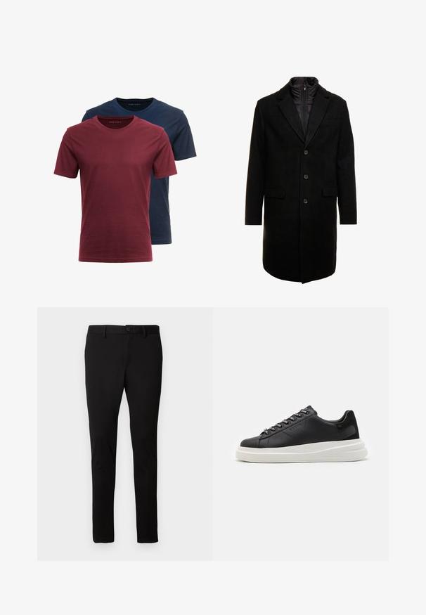 Must värviline villasegu mantlit, millel on sujuv disain, varustatud lülitatava isoleeritud sisemise kihiga, kolme nupukese ja kahe eesmine taskuga.; Kaks ümara kaelusega t-särki kokku pandud; üks tumesinine ja teine tumepunane. Valmistatud puuvillast, lühikeste varrukatega ja sileda tekstuuriga.; Mustad kitsaste sääreosadega mustad püksid, millega on kaasas vöökohad, eesnupp ja luku sulgemine, esitatud heledal ühtlasel taustal.; Mustmustest musta nahkistsneaker, millel on valge kummist tald, sirged paelad ja bränditud silmad. Pehme tekstuur kontrastse küljeaktsendiga.