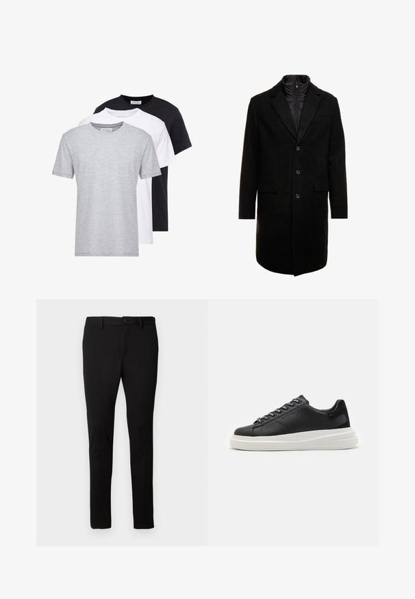 Črn volnen mešani plašč s sleek oblikovanjem, ki vključuje notranjo plast z izolacijo, tri gumbe in dva sprednja žepa.; Tri majice s krojem na okrugli izrez v sivi, beli in črni barvi, ki imajo kratke rokave, mehko teksturo in ravno krojeno zasnovo.; Črne slim-fit hlače z zankami za pas, sprednjim gumbom in zadrgo, prikazane na enotni svetli ozadju.; Črne usnjene teniske z belim gumijastim podplatom, ki imajo ravne vezalke in blagovno znamko na ošitih luknjah. Mehka tekstura s kontrastnim stranskim poudarkom.