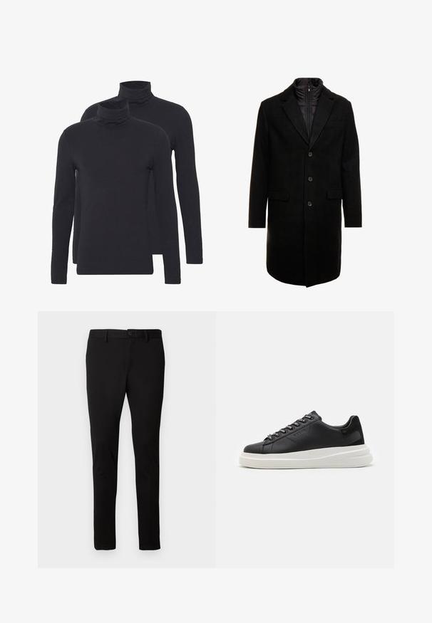 Črn volnen mešani plašč s sleek oblikovanjem, ki vključuje notranjo plast z izolacijo, tri gumbe in dva sprednja žepa.; Dva črna dolgoročna majica s polo ovratnikom, izdelana iz gladkega materiala, z oprijetimi silhuetami in rebrastimi ovratniki.; Črne slim-fit hlače z zankami za pas, sprednjim gumbom in zadrgo, prikazane na enotni svetli ozadju.; Črne usnjene teniske z belim gumijastim podplatom, ki imajo ravne vezalke in blagovno znamko na ošitih luknjah. Mehka tekstura s kontrastnim stranskim poudarkom.