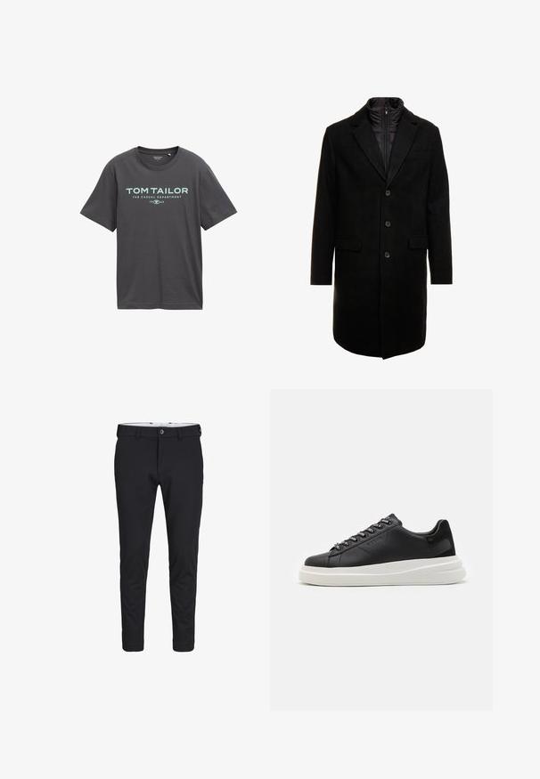 Abrigo de lana negro con un diseño elegante, que cuenta con una capa interna aislante desmontable, tres botones y dos bolsillos frontales.; Camiseta de algodón gris oscuro con mangas cortas, escote redondo y texto impreso en teal que incluye "TOM TAILOR" y "THE CASUAL DEPARTMENT."; Pantalones negros hechos de una tela suave y elástica. Tienen un corte ajustado, cierre con botón y bolsillos de tipo deslizante a los lados.; Zapatilla de cuero negra con suela de goma blanca, con cordones planos y ojales de marca. Textura suave con un acento lateral contrastante.