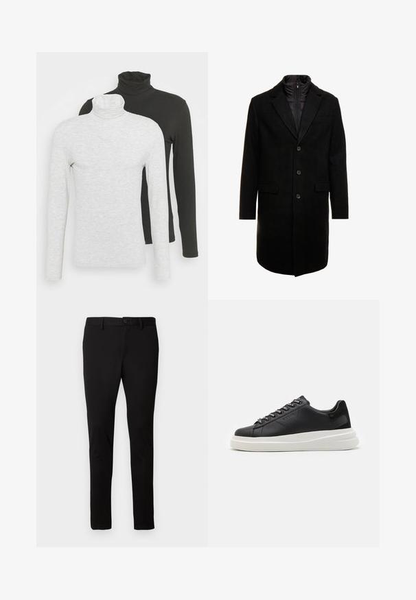 Pardessus preto em mistura de lã com um design elegante, apresentando uma camada interna isolada que pode ser colocada, três botões e dois bolsos frontais.; Pier One LONG SLEEVED ROLL NECK TOP 2 PACK - Camisola de manga comprida - light grey/black; Calças pretas de corte ajustado com passantes para cinto, fecho frontal com botão e zipper, apresentadas sobre um fundo claro e simples.; Sapatilha preta em pele com sola de borracha branca, apresentando atacadores planos e ilhós com marca. Textura suave com um detalhe lateral em contraste.