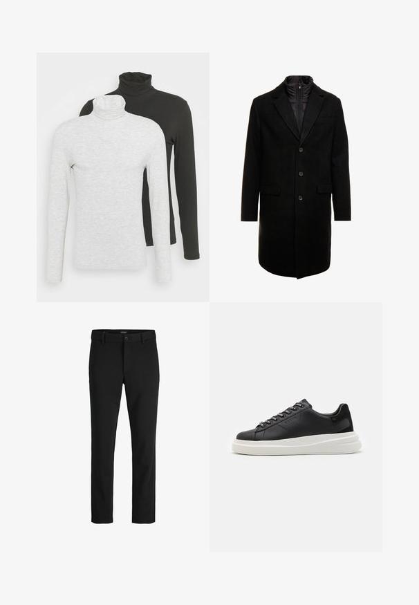 Sort uldblandings frakk med et elegant design, der har et indbygget isoleret inderlag, tre knapper og to forlommer.; Pier One LONG SLEEVED ROLL NECK TOP 2 PACK - Langærmet T-shirt - light grey/black; Sorte bukser lavet af glat stof, med et klassisk design, lige snit, frontknaplukning og sidelommer.; Sort lædersneaker med en hvid gummisål, der har flade snørebånd og branded øjer. Blød tekstur med en kontrasterende sideaccent.