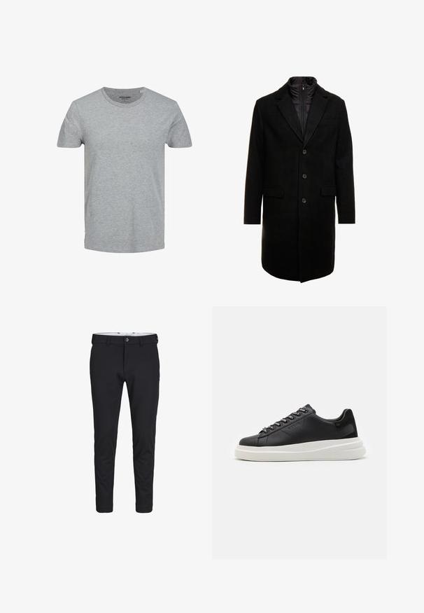 Melna vilnas maisījuma virsjakas ar elegantu dizainu, kurā ir iešūta izolēta iekšējā kārta, trīs pogas un divas priekšējās kabatas.; Pelēks īsām piedurknēm T-krekls, izgatavots no mīksta kokvilnas materiāla. Tam ir klasiska apaļa kakla izgriezuma forma un regulāra piegriezuma stilistika. Vienkāršs dizains bez rakstiem vai akcentiem.; Melnas bikses, izgatavotas no gludas, elastīgas auduma. Tām ir šaura piegriezuma, pogas aizdare un sānu kabatas.; Melnas ādas sporta kurpes ar baltu gumijas zoli, kurām ir plakanas saites un zīmola acs. Mīksta tekstūra ar kontrastējošu sānu akcentu.