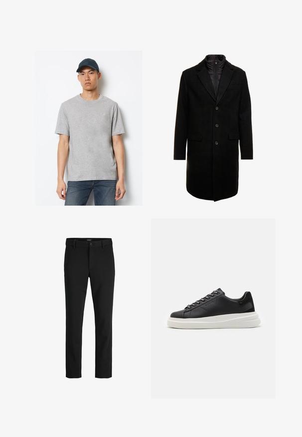 Zwarte wolblend overjas met een slank ontwerp, voorzien van een uitneembare geïsoleerde binnenlaag, drie knopen en twee voorzakken.; Grijze katoenen T-shirt met korte mouwen en een ronde hals, gecombineerd met donkerblauwe jeans en een bijpassende pet met een logo op de voorkant.; Zwarte broek van gladde stof, met een klassiek ontwerp, rechte snit, sluiting met een voorknop en zijzakken.; Zwarte leren sneakers met een witte rubberen zool, voorzien van platte veters en gemerkte oogjes. Zachte textuur met een contrasterende zijaccent.