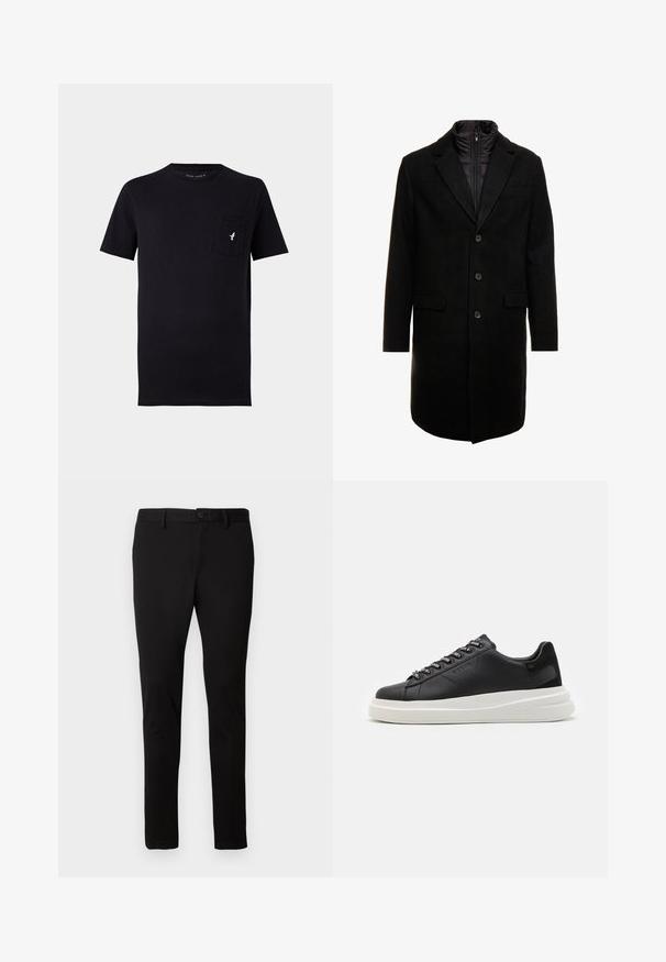 Pardessus preto em mistura de lã com um design elegante, apresentando uma camada interna isolada que pode ser colocada, três botões e dois bolsos frontais.; T-shirt preta de algodão com mangas curtas, decote redondo e um bolso frontal com um pequeno logo de pássaro branco. Textura suave e design simples.; Calças pretas de corte ajustado com passantes para cinto, fecho frontal com botão e zipper, apresentadas sobre um fundo claro e simples.; Sapatilha preta em pele com sola de borracha branca, apresentando atacadores planos e ilhós com marca. Textura suave com um detalhe lateral em contraste.