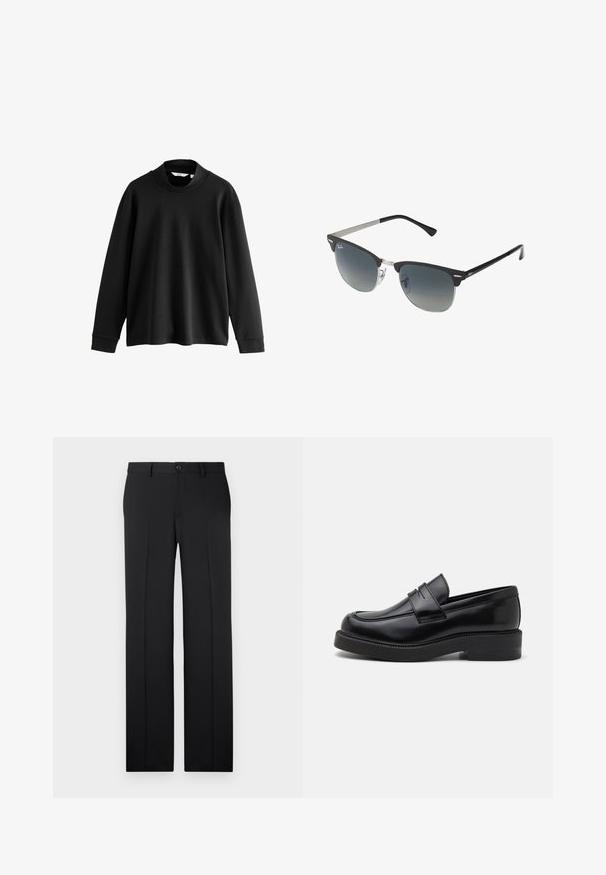 Zwarte wolblend overjas met een slank ontwerp, voorzien van een uitneembare geïsoleerde binnenlaag, drie knopen en twee voorzakken.; Zwarte sweatshirt met lange mouwen en hoge hals, gemaakt van zachte stof, met verlaagde schouders en geribbelde manchetten voor een relaxte pasvorm.; Zwarte, op maat gemaakte broek met een rechte pijp, zachte stof, voorvouwen en een enkele knoopsluiting in de taille.; Zwarte leren loafer met een ronde neus, decoratieve voorste stiksel en een dikke rubberen zool. Gladde textuur met een gepolijste afwerking.; Zwarte en zilveren zonnebril met een cat-eye vorm, gradient lenzen en metalen accenten op het montuur. Plastic armen met grijze punten.