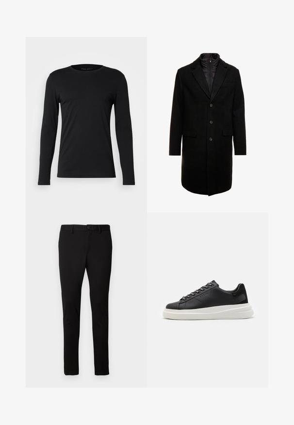 Pardessus preto em mistura de lã com um design elegante, apresentando uma camada interna isolada que pode ser colocada, três botões e dois bolsos frontais.; Camiseta preta de mangas compridas, feita de tecido suave. Apresenta um decote redondo e uma silhueta ajustada, sem gráficos ou adornos visíveis.; Calças pretas de corte ajustado com passantes para cinto, fecho frontal com botão e zipper, apresentadas sobre um fundo claro e simples.; Sapatilha preta em pele com sola de borracha branca, apresentando atacadores planos e ilhós com marca. Textura suave com um detalhe lateral em contraste.